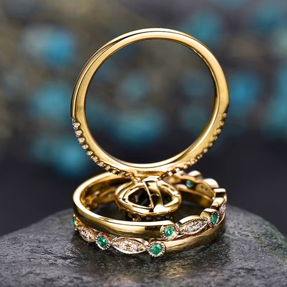 14k Yellow Gold Diamond Emerald Ring Band Set of 3 Rings - Picture 3 of 4